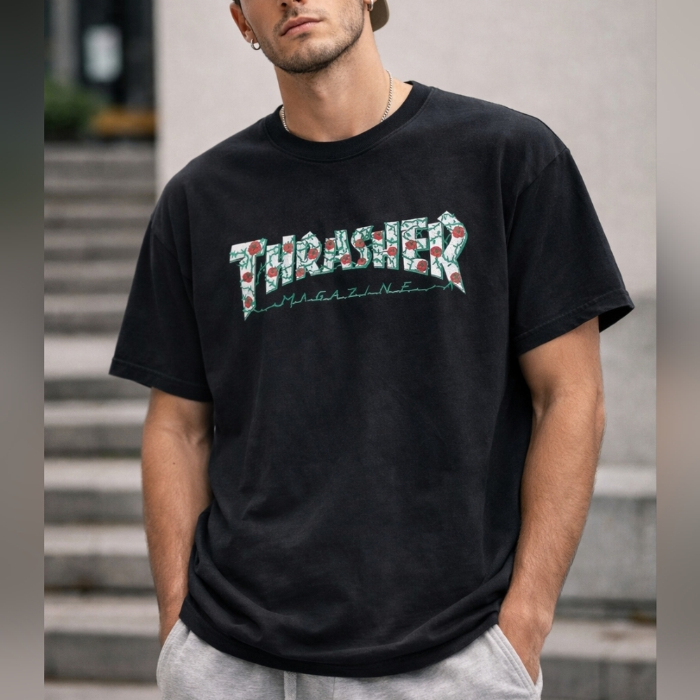 Thrasher Magazine T-Shirt Black Floral Logo Tee Size M Graphic Tee